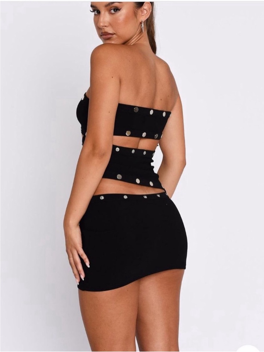 Super Sexy Black Strapless Stud Cut Out Mini Dress